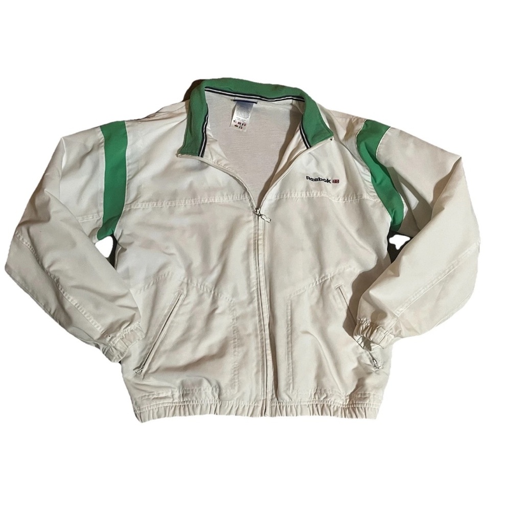 Sz M Vintage Unisex REEBOK White & Green Track Jacket Lightweight Full Zip Lined